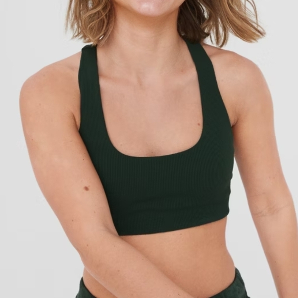 OFFLINE by Aerie Medium Support Ribbed Racerback Sports Bra, Sycamore Green